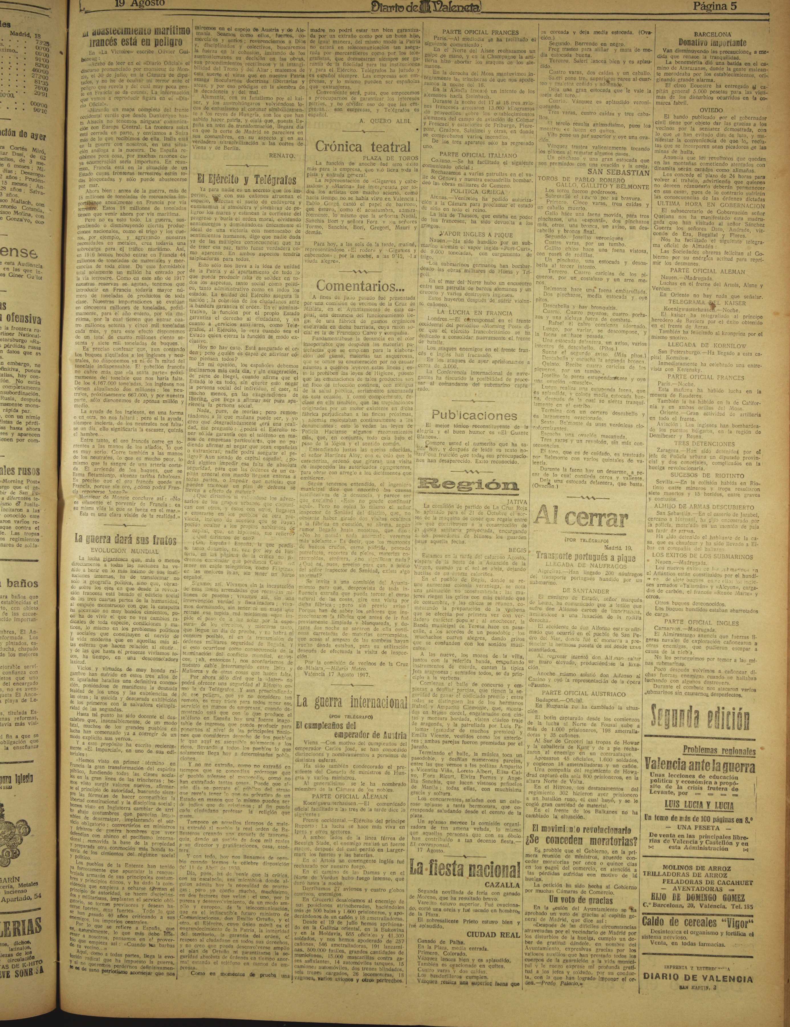 Biblioteca Virtual de Prensa Histórica > Recerca › Diario de Valencia - Año  VII Número 2296 - 1917 agosto...