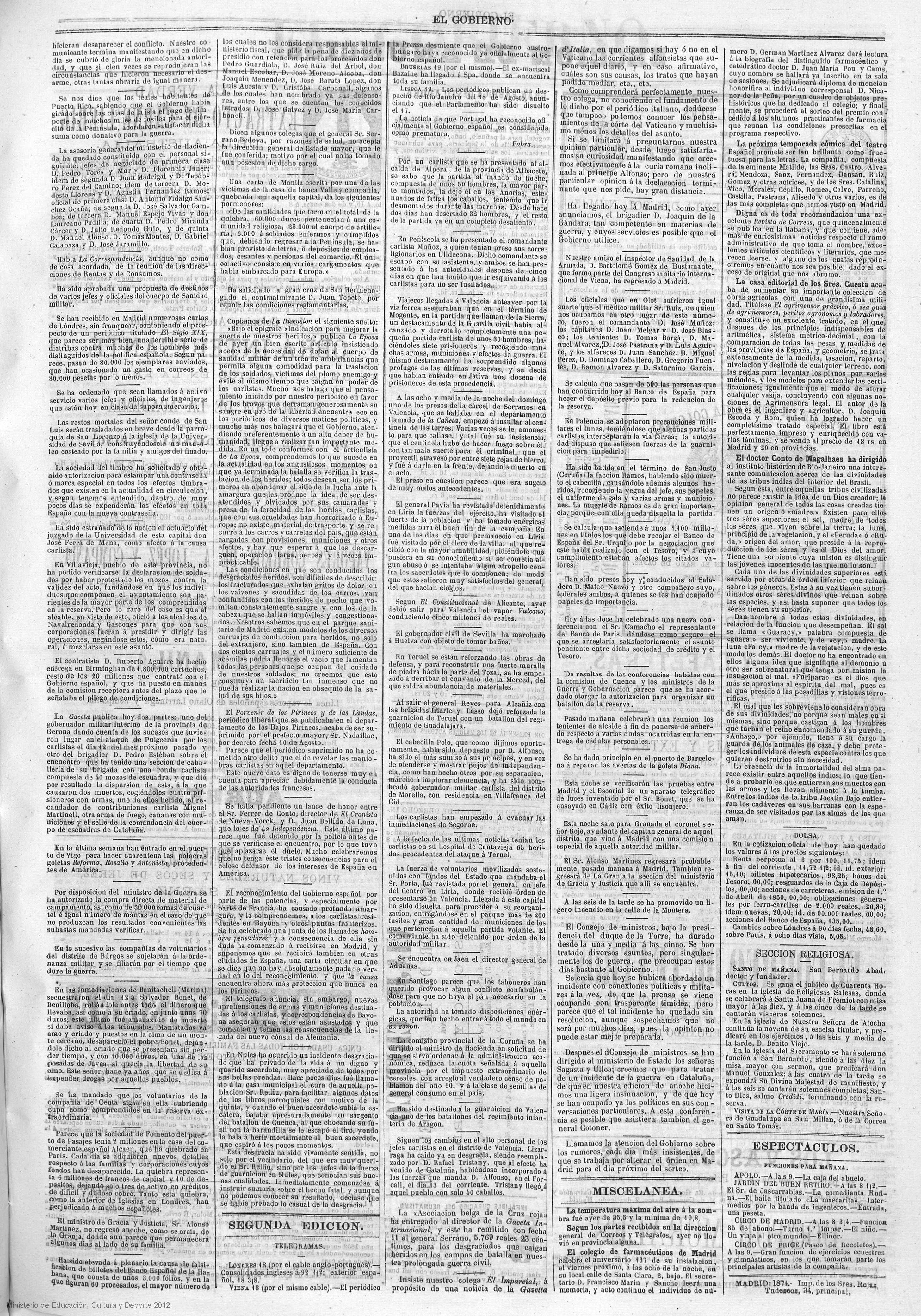 Biblioteca Virtual de Prensa Histórica > Búsqueda › El Gobierno - Año III  Número 794 - 1874 agosto 19 (19/08...